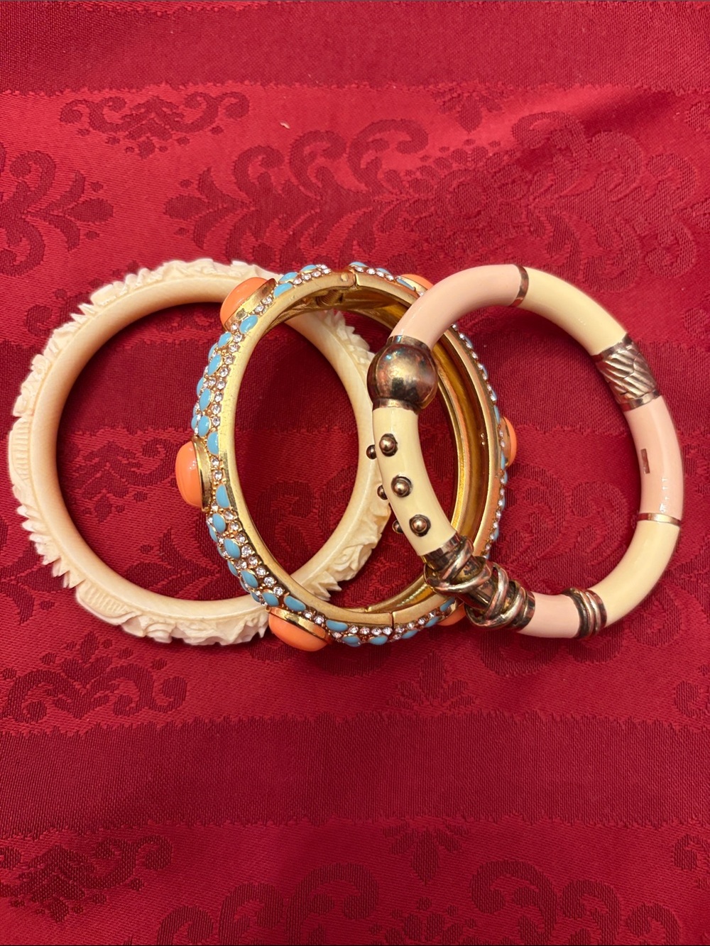 Vintage-Inspired Coral & Ivory like Multi-Bangle Bracelet Set